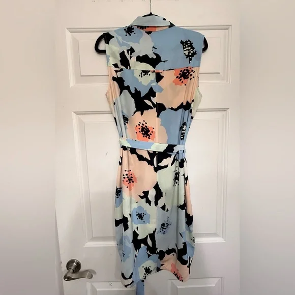 Calvin Klein Sleeveless Midi Dress in Pastel Blue, Peach & Black Floral - Picture 2 of 3